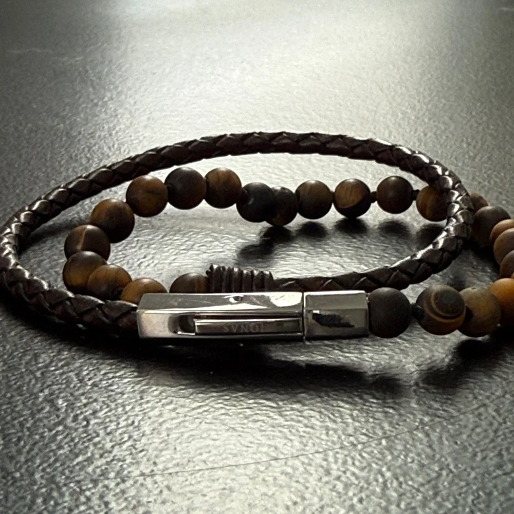 Jonas Studio NEW Dakota Stainless Steel, Leather & Tiger Eye Double-Wrap Bracele